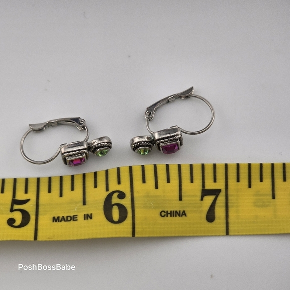 Vintage Silver-Toned Purple & Green Gemstone Drop Earrings - Picture 5 of 5